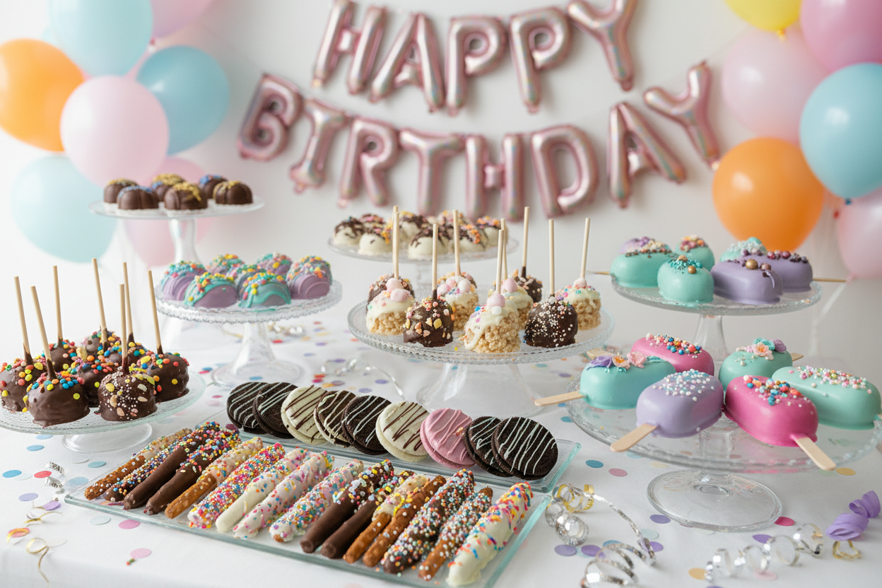 dessert table for birthday party, dipped pretzels, dipped oreos, dipped rice krispies, dipped cake pucks, dipped cakecicles